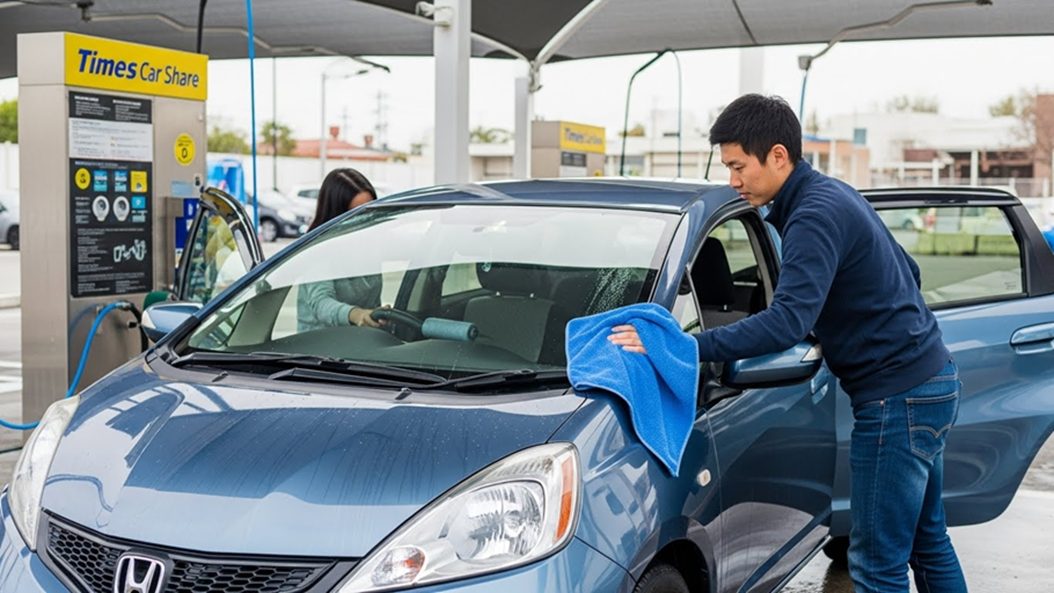 タオルを使った拭き上げと車内清掃