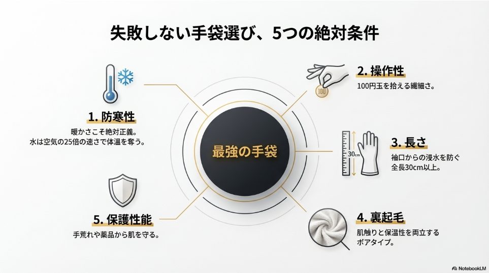 洗車手袋選びの5つの絶対条件（防寒性、操作性、長さ、裏起毛、保護性能）を示したチャート図