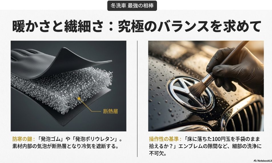 発泡ゴム手袋の断面拡大図。素材内部の微細な気泡が断熱層となり、冷気を遮断している様子