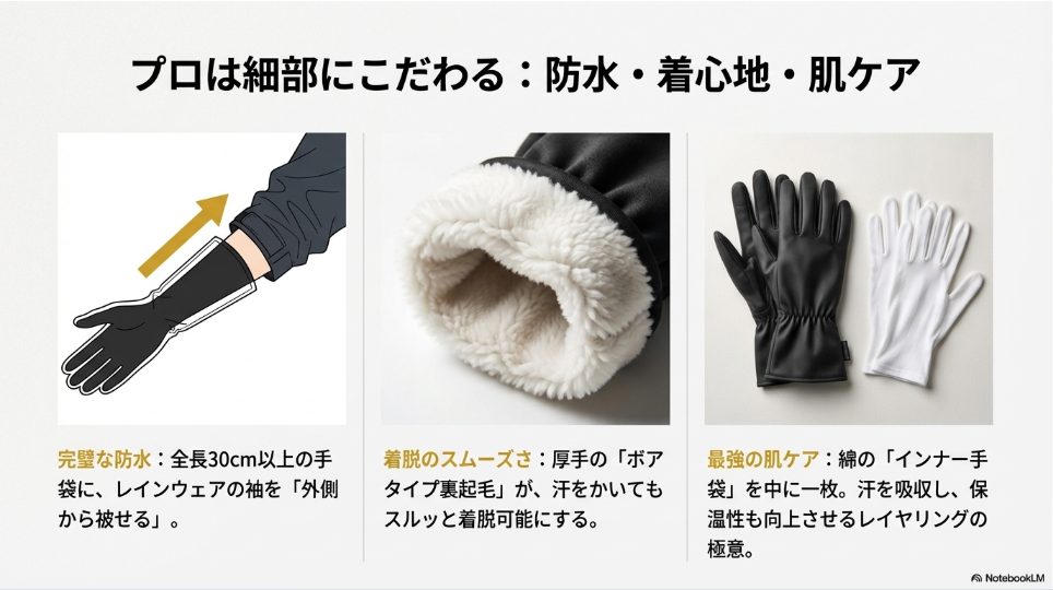 全長30cm以上の手袋を使用し、レインウェアの袖を外側から被せて水の侵入を防ぐ図解と、インナー手袋の活用イメージ