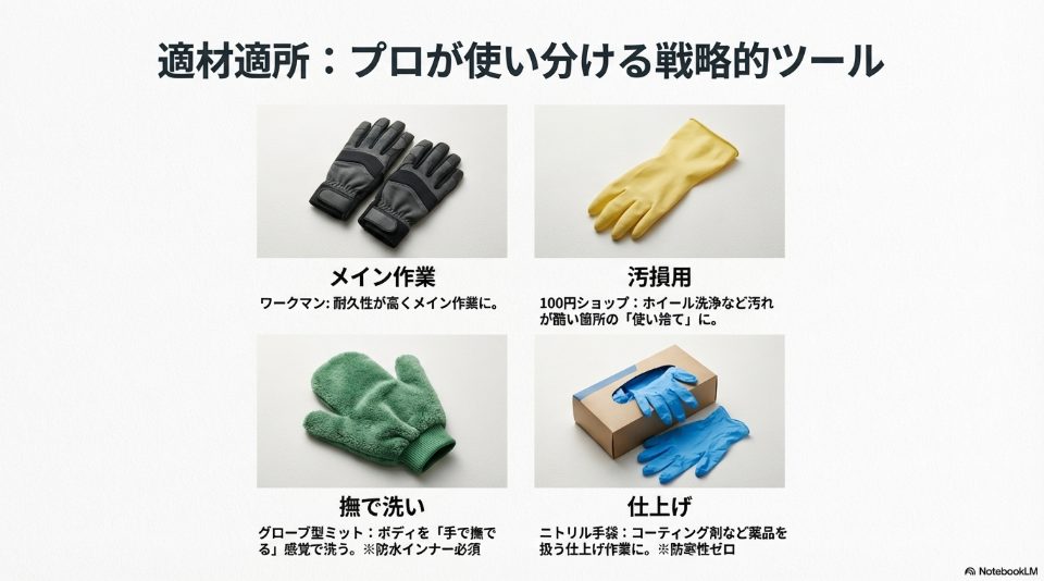 プロが実践する手袋の使い分け戦略。メイン作業用、汚損用、撫で洗い用、仕上げ用（ニトリル）の4種類の比較