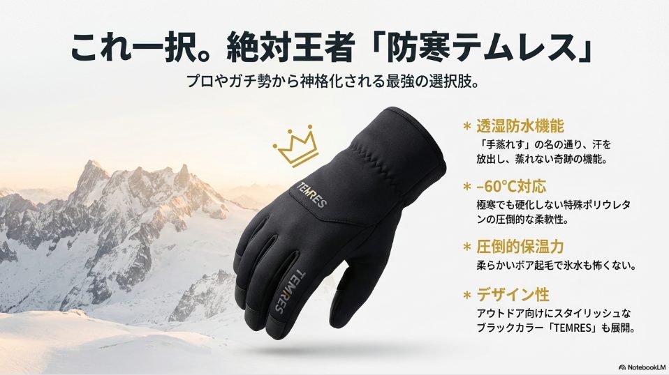 透湿防水機能と高い保温性を誇る「防寒テムレス」と、アウトドア向けブラックカラー「TEMRES」の製品イメージ