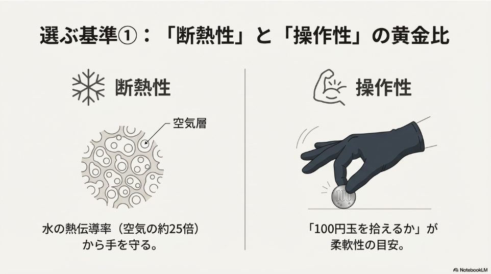 発泡ゴムの気泡が作る断熱層の図解と、手袋をしたまま100円玉を拾って柔軟性を確認するテストのイラスト