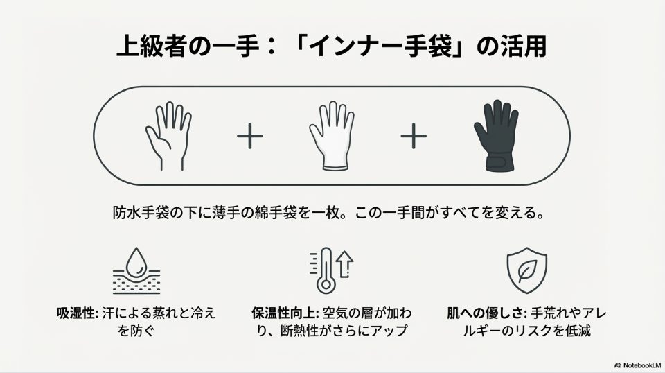 素手、綿のインナー手袋、防水ゴム手袋を重ねる手順の図解と、吸湿・保温・肌保護の3つのメリット