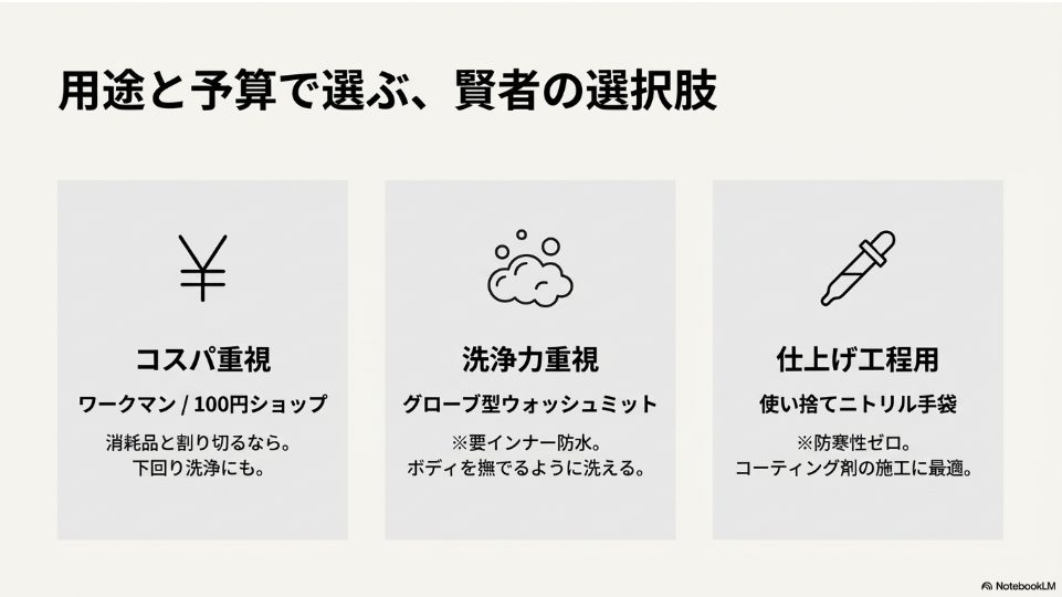 ワークマン・100均（コスパ）、ウォッシュミット（洗浄力）、ニトリル手袋（仕上げ）を、用途と予算に応じて分類した選び方ガイド
