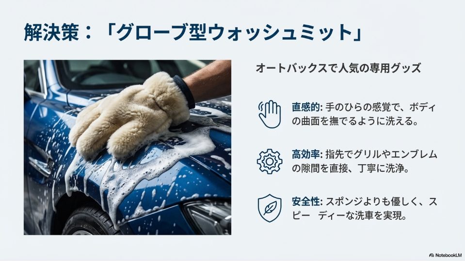 泡たっぷりのムートンウォッシュミットで青い車を洗っている様子。手のひらの感覚でボディを優しく撫でるように洗えるメリット