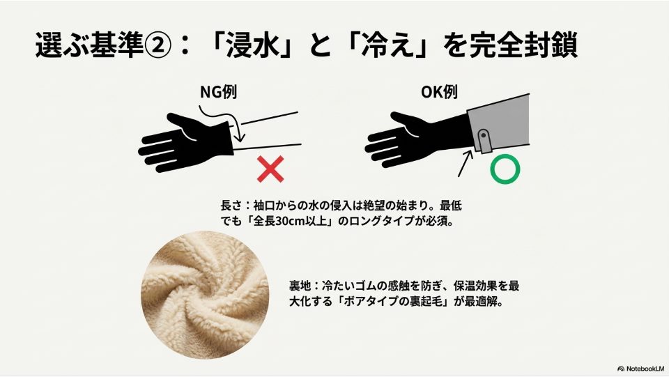 袖口からの浸水を防ぐ全長30cm以上の長さ基準（OK例・NG例）と、保温性を最大化するボアタイプ裏起毛の解説