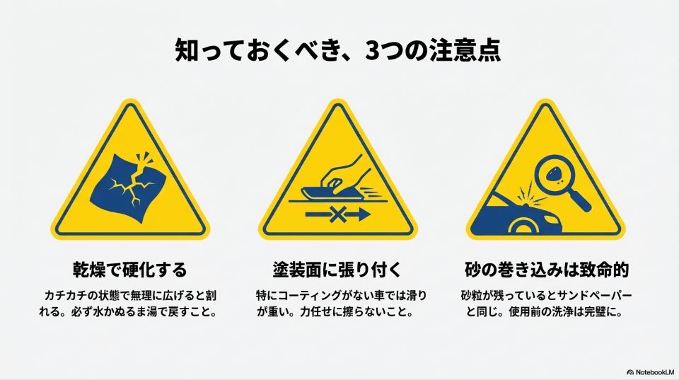 乾燥による硬化、塗装への張り付き、砂の巻き込みなど、セーム革を使う際のリスクと注意点一覧