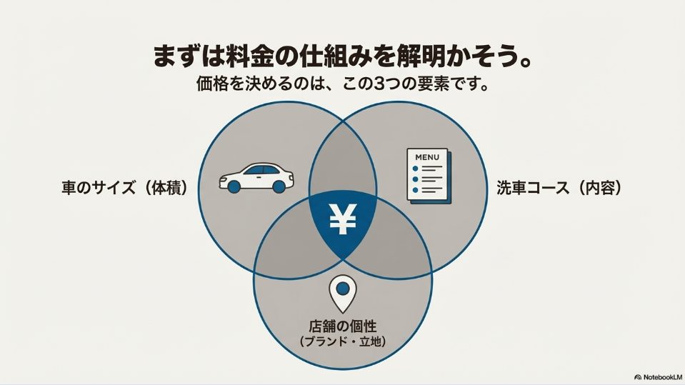 車のサイズ・店舗の個性・洗車コースで決まる料金のベン図