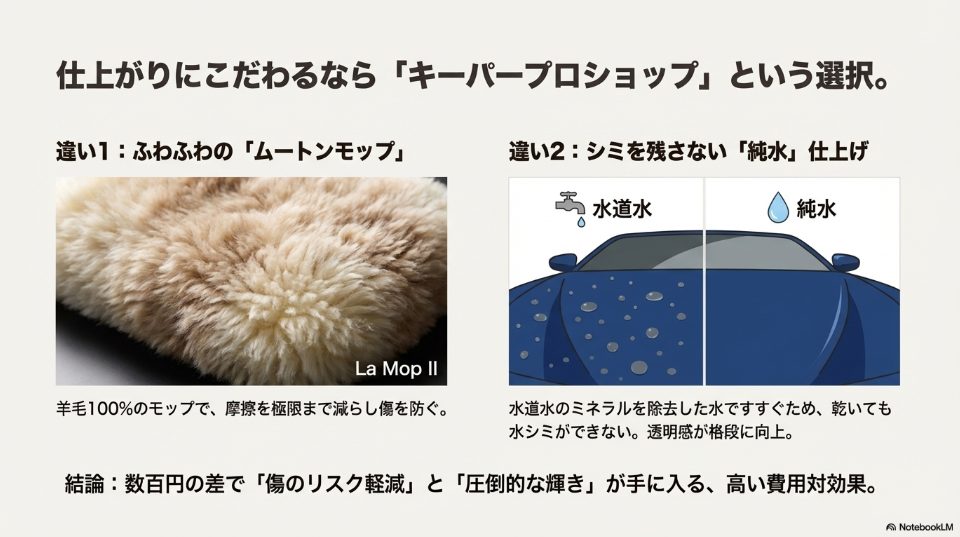 羊毛ムートンモップと純水仕上げによる洗車品質の違い