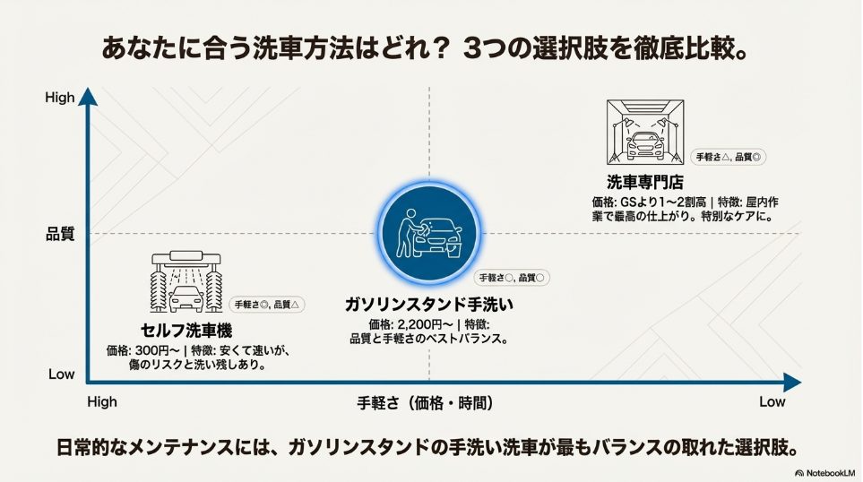 品質と手軽さを軸にした洗車方法の比較マトリクス図