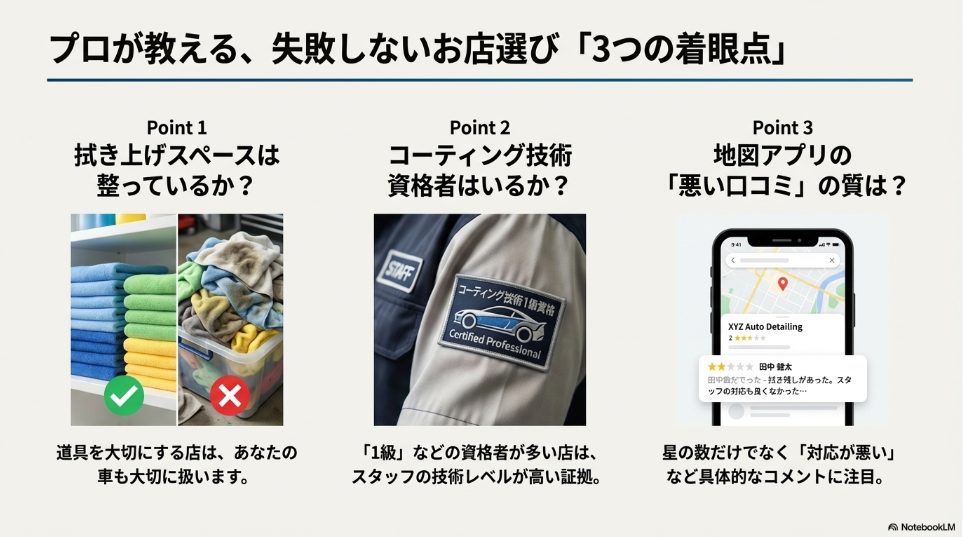 拭き上げスペース・資格・口コミの質による店舗チェックポイント
