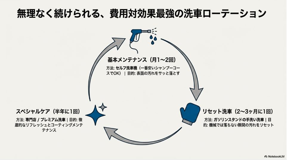 セルフ洗車機と手洗い洗車を組み合わせたメンテナンスサイクルの図