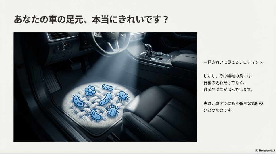車のフロアマットの繊維奥に潜む雑菌やダニのイメージイラスト