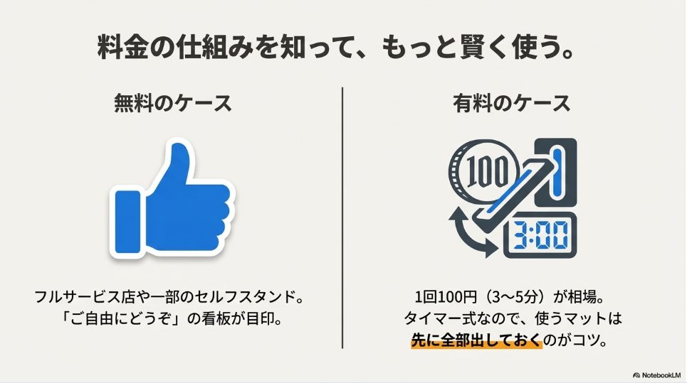 マット洗浄機の料金相場：無料店舗と有料店舗（100円）の違い