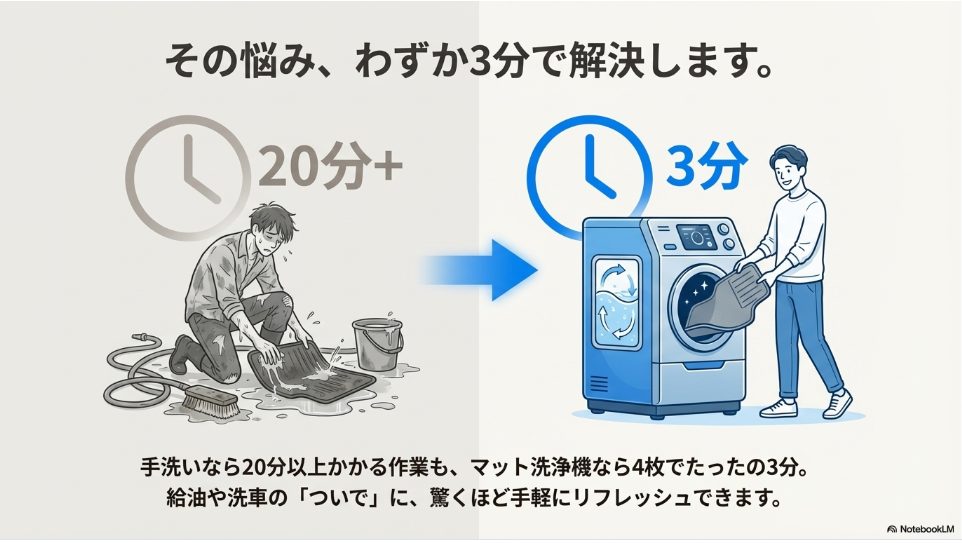マット洗浄機と手洗いの所要時間比較：3分対20分