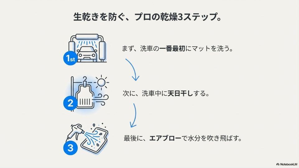車のマットを生乾きにさせないプロの乾燥3ステップ：最初に洗う・天日干し・エアブロー