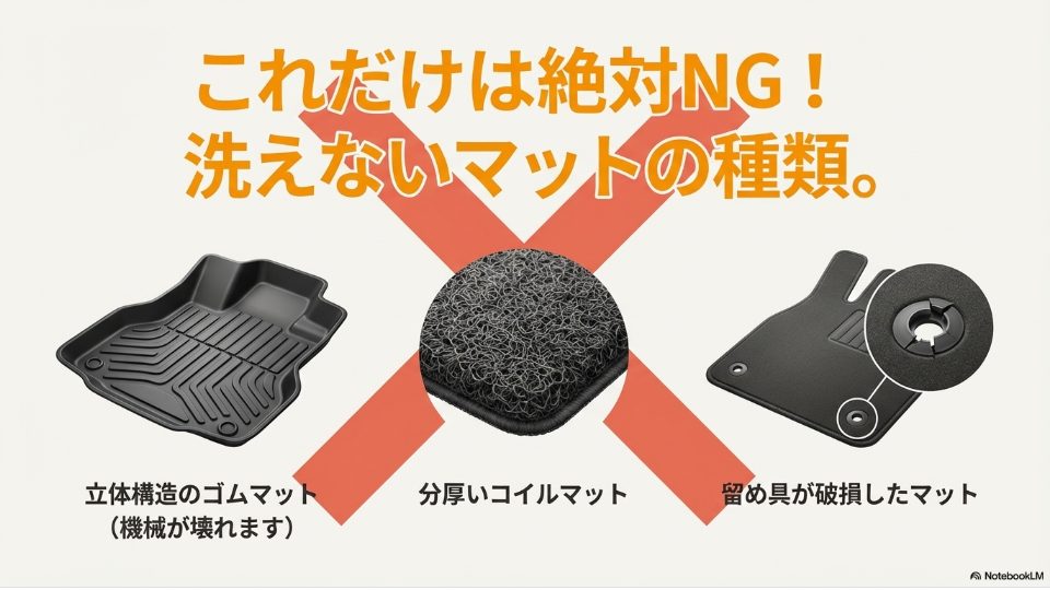 マット洗浄機で洗えないNGなマットの種類：立体構造ゴムマット、分厚いコイルマット、破損マット