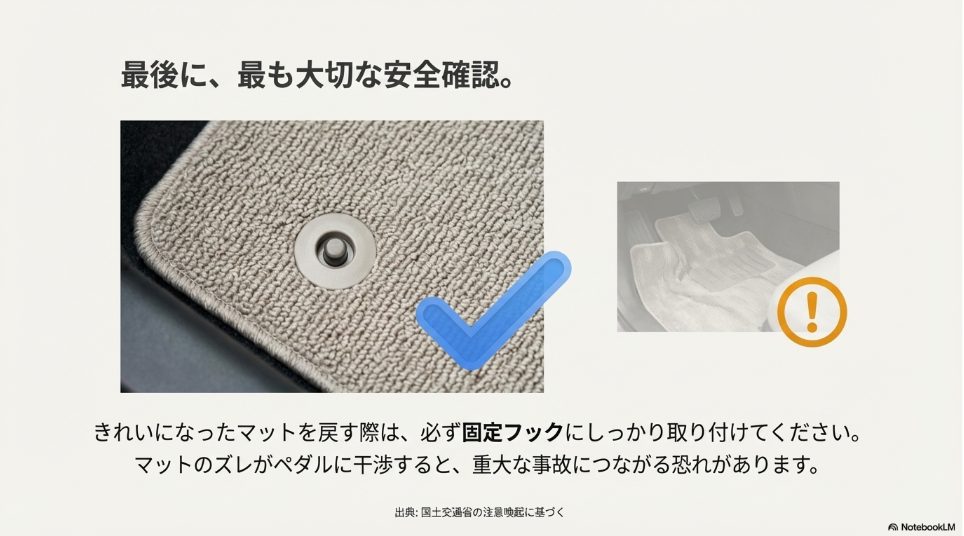 フロアマットの固定フック取り付け確認の重要性と安全確認