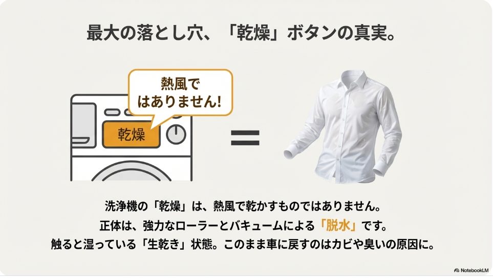 マット洗浄機の乾燥機能は熱風ではなく脱水機能であることを解説