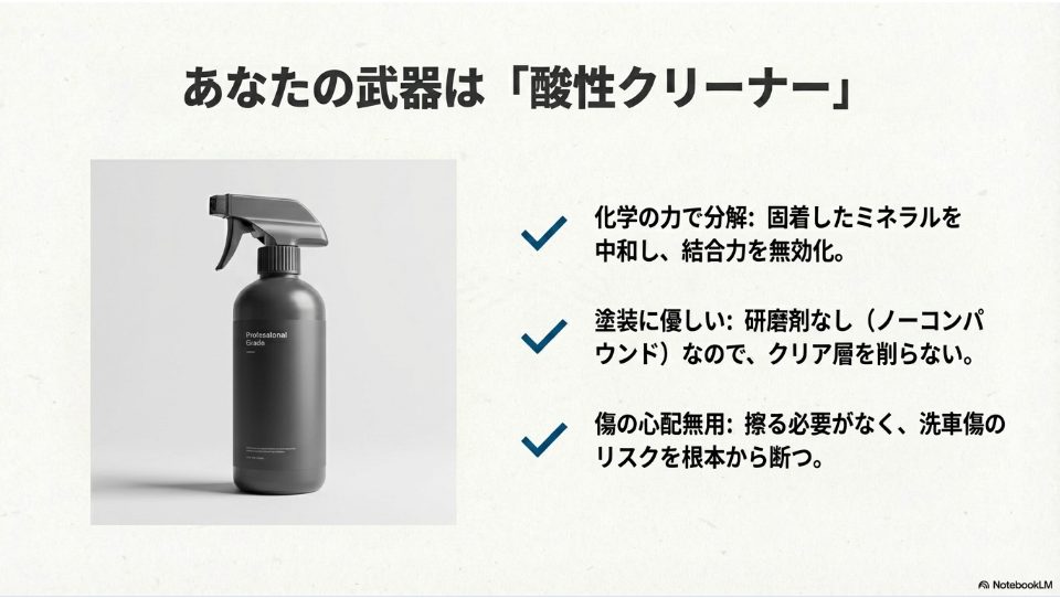 コンパウンドで削らずに化学の力で水垢を溶かすイメージ