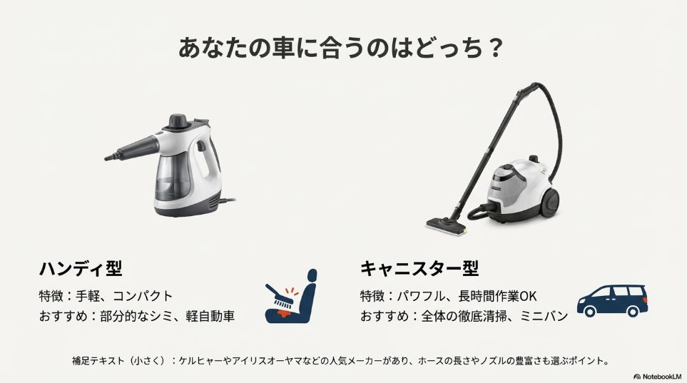 スチームクリーナーのハンディ型とキャニスター型の特徴とおすすめシーンの比較