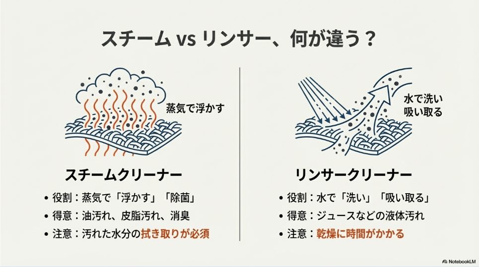 スチームクリーナーの蒸気浮かせ洗浄とリンサークリーナーの水洗い吸引のメカニズム比較図