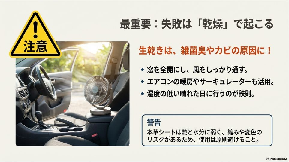 シート洗浄後の生乾き臭とカビを防ぐための徹底的な乾燥方法とサーキュレーター活用イメージ