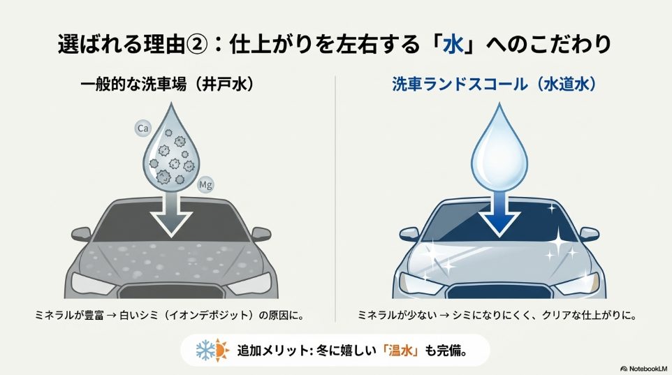 水道水と井戸水のミネラル成分の違いとシミへの影響比較図