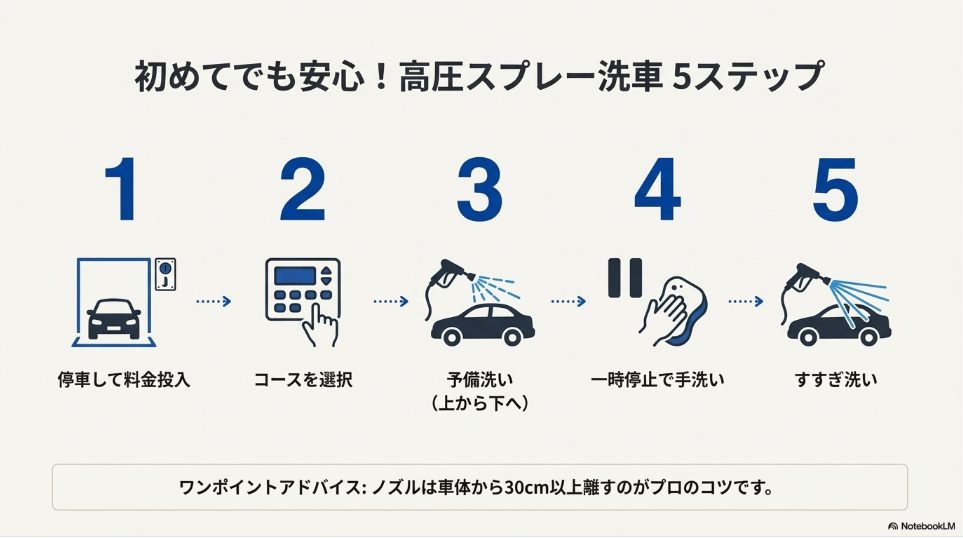 停止から予備洗い、手洗い、すすぎまでの洗車手順イラスト