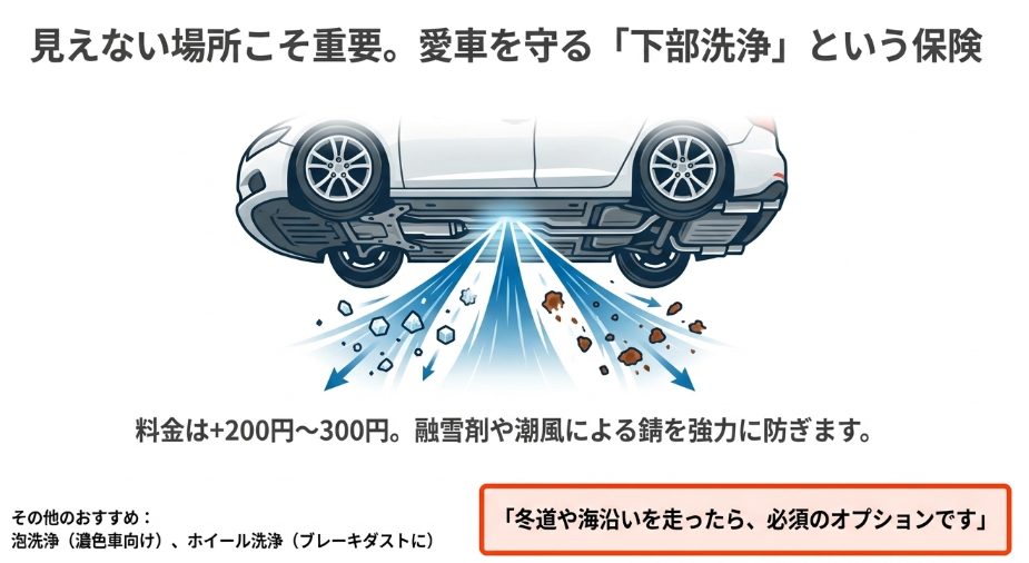 宇佐美洗車機のオプション「下部洗浄」による車体裏側の錆防止効果