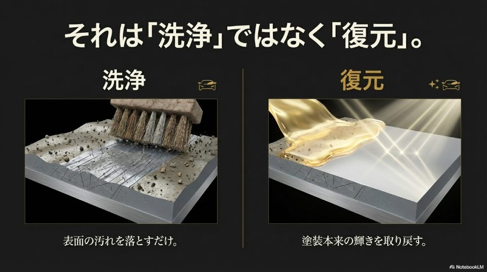 洗浄と復元の違いを示す塗装面断面図の比較