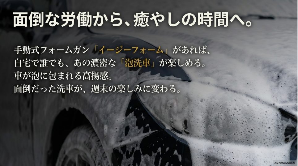 手動式フォームガン「イージーフォーム」と泡洗車の様子
