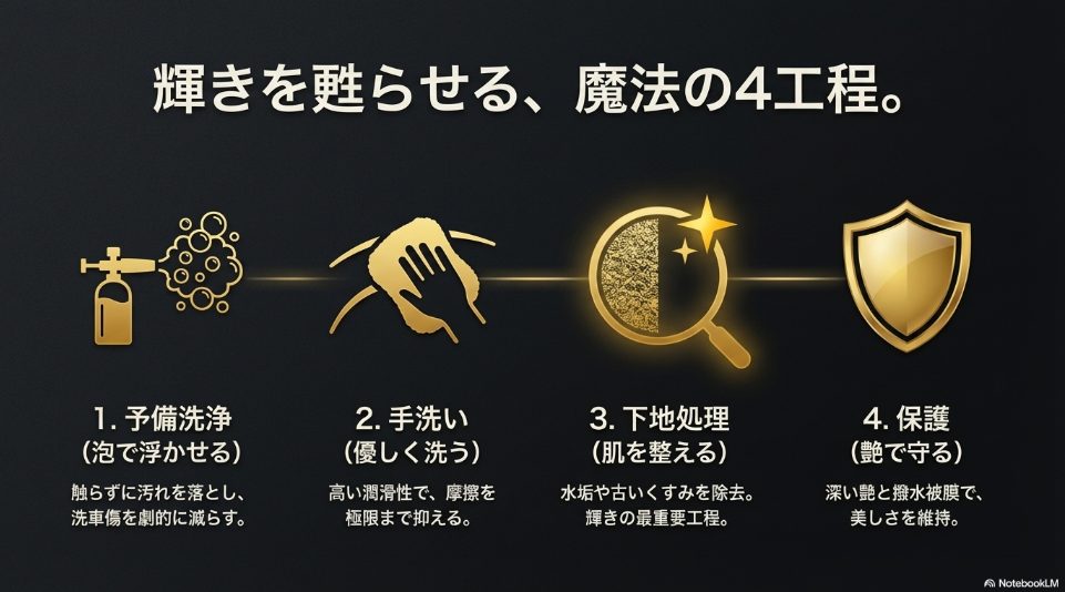 輝きを甦らせるバディカ洗車の基本4工程フロー