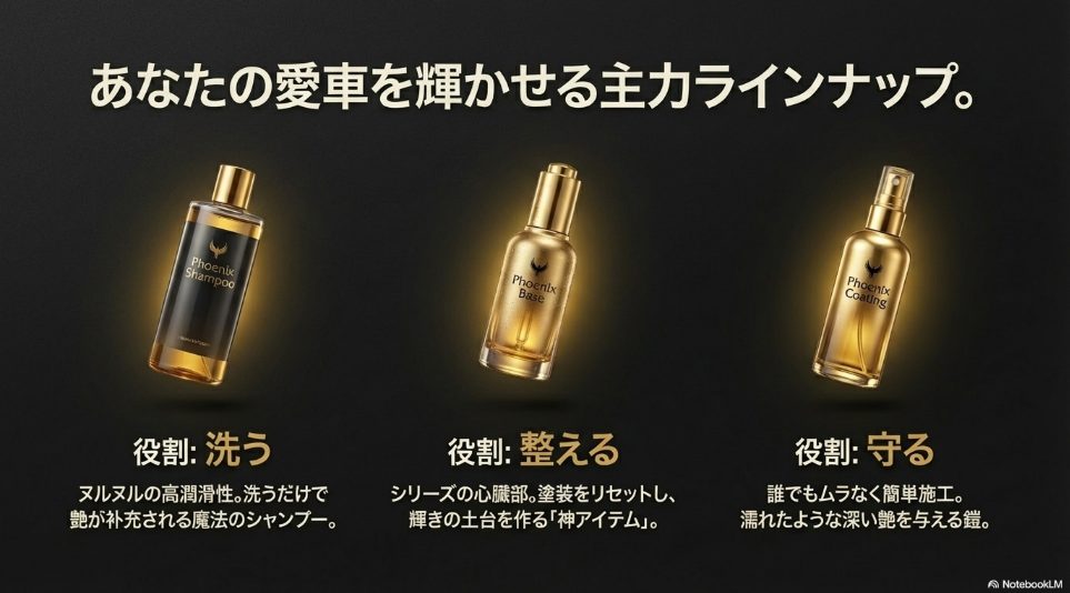 フェニックスシリーズ（シャンプー、ベース、コーティング）のボトル一覧