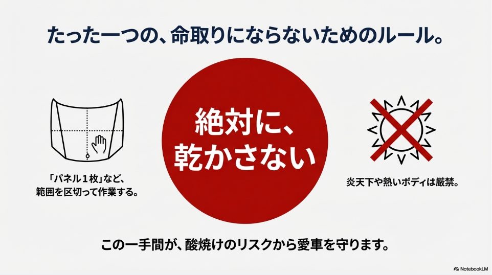 N-2使用時の重要ルール。「絶対に乾かさない」「炎天下厳禁」「パネルごとに範囲を区切る」ことを示すアイコン図。