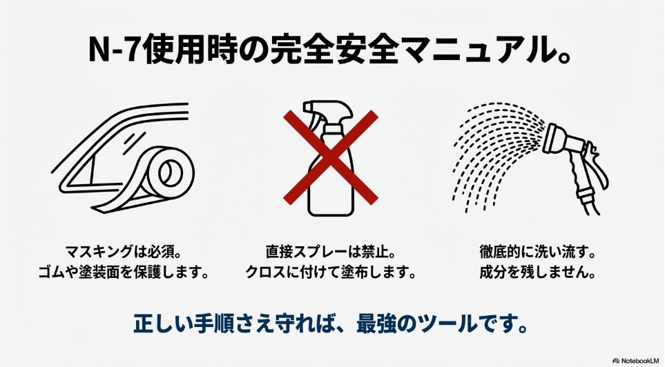 ガラスクリーナー使用時の安全対策図。「マスキング必須」「直接スプレー禁止」「徹底的に洗い流す」を示すイラスト。

7. 「N1やN4など製品ラインナップ」セクション