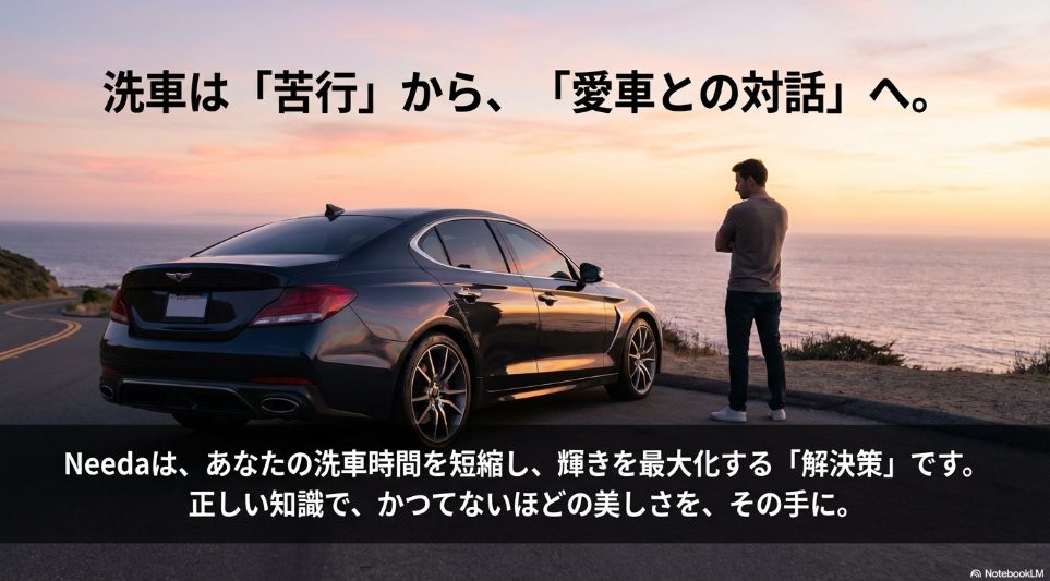 洗車が終わった美しい車のイメージと、「洗車は苦行から愛車との対話へ」というNeedaのブランドメッセージ。