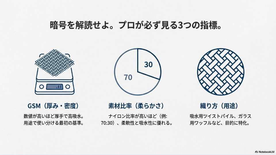 マイクロファイバークロスのGSM・素材比率・織り方の3つの指標解説図