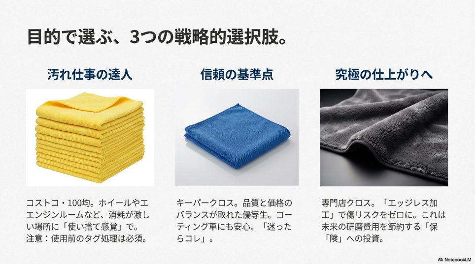 コストコのカークランドタオルとプロ用クロスの種類別比較画像