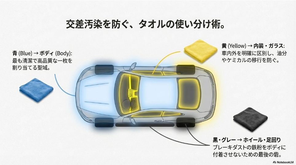 ボディ・内装・ホイールでタオルの色を使い分けるカラーコーディング表
