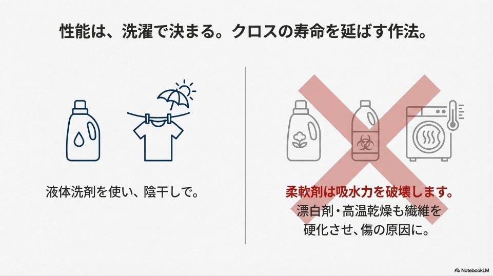 マイクロファイバークロスの正しい洗濯方法と柔軟剤禁止のアイコン解説