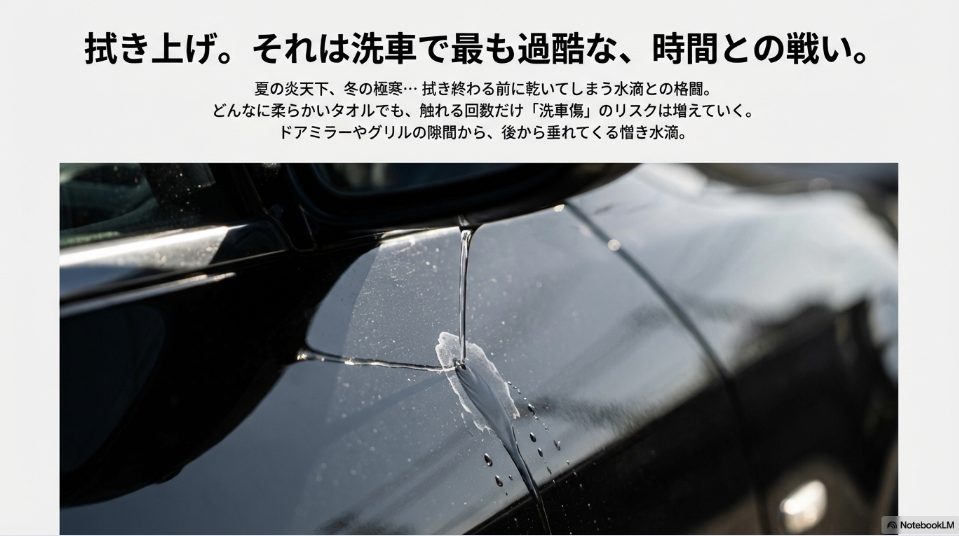 洗車後の拭き上げにおける水滴の垂れと洗車傷のリスク