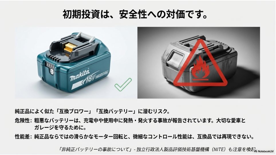 互換バッテリーの発火リスクと純正品の安全性