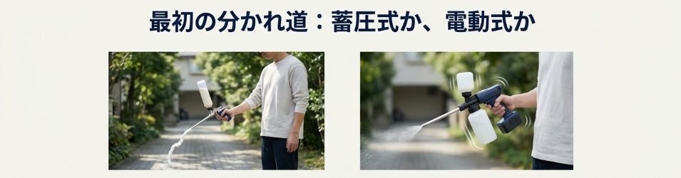 手動式の蓄圧フォームガンを使って車に泡をかけている男性の様子