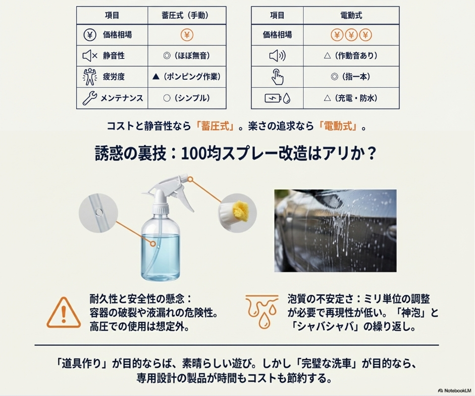 手動蓄圧式と電動式フォームガンの価格、静音性、疲労度、メンテナンス性の比較表スライ