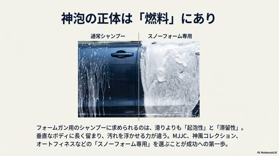 ボディにかけた際の、通常シャンプーの垂れやすい泡と専用シャンプーの滞留する泡の比較写真