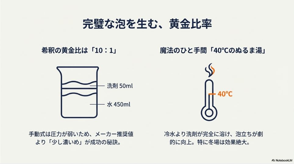 洗剤50mlと水450mlの希釈比率イメージと、泡立ちを良くする40度のお湯のイラスト