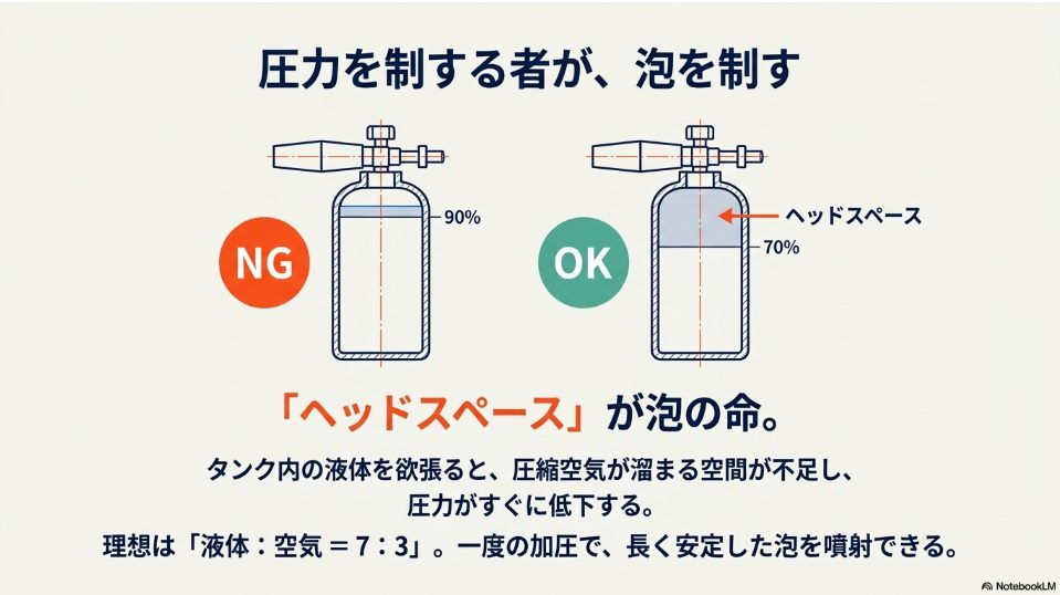 泡立ちを良くするための空気スペース（ヘッドスペース）の確保量を示したOK例とNG例の断面図