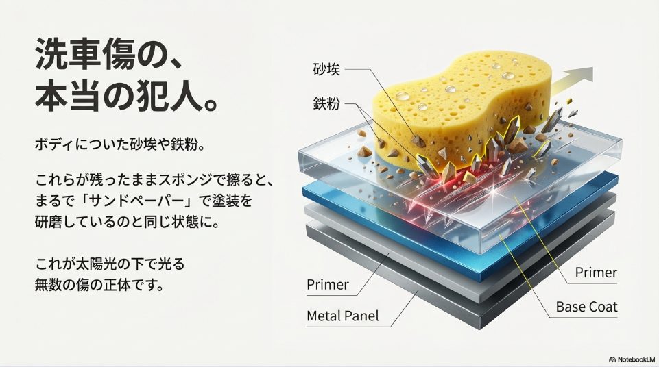 砂埃がスポンジで擦られて塗装を傷つけるメカニズム図